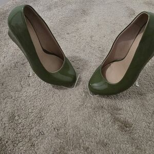 Patent moss green wedge 2 inch pumps size 8.5. Preowned.